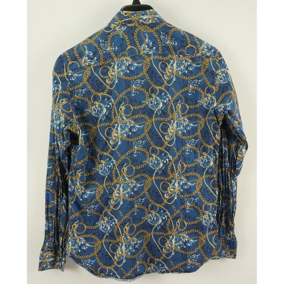 Dario Beltran Spain Men's Large Long Sleeve Blue Gold Chain Button Down Shirt - Picture 2 of 9